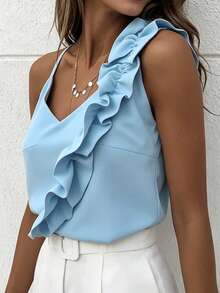 EMERY ROSE Women's Sweet V-Neck Ruffle Trim Sexy Backless Camisole - Baby Blue - View 3