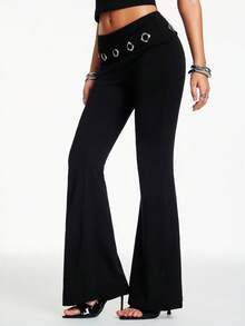 Nooralise Women's Trashy Girlisim Y2k Pastal Autumn Night Golf Flare Leg Pants, Metal-Decorated Waist Fold Eyelet Design Slim-Fit Solid Color Edgy Chic Urban - Black - View 5