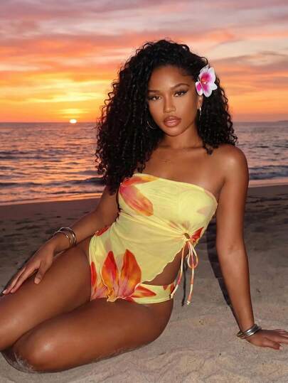 Zestiva 2 piezas Conjunto de Bikini para Mujer, Traje de Baño de Cintura Alta con Escote Halter, Cintura con Cordón, Estampado de Flor de Lirio, Estilo Bohemio de Playa y Club, Sexy Elegante Retro, Adecuado para Primavera/Verano Playa/Fiesta de Piscina