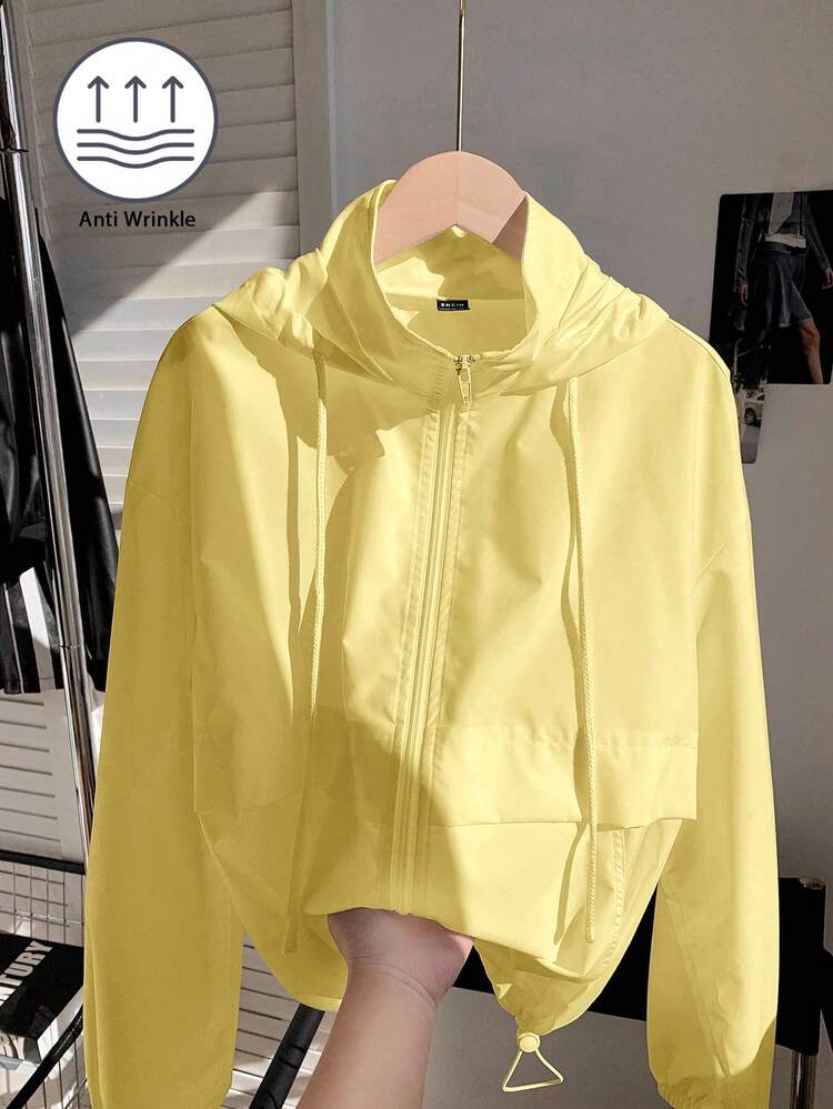 Comfortcana 1 chiếc áo khoác dài tay có mũ, màu trơn, khóa kéo phía trước, kiểu dáng thường ngày, chống nắng, nhẹ, thích hợp cho mùa thu/đông. - Màu vàng ngỗng - Xem 1
