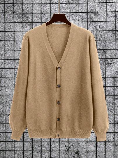 Manfinity Homme Men's Casual Long Sleeve V-Neck Button-Up Knitted Cardigan,Solid Color Camel Autumn Sweater For Graduation,Back-To-School,Daily Commute Brown Cardigan