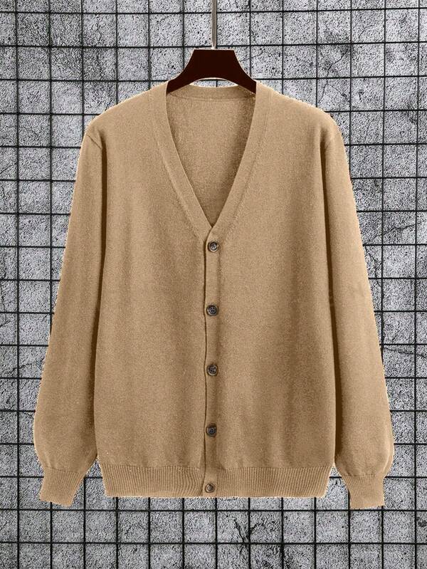 Manfinity Homme Men's Casual V-Neck Button-Up Long Sleeve Cardigan, All-Match Solid Color, Versatile For Daily Commute, Autumn Men Knitted Button Up Brown Cardigan Men