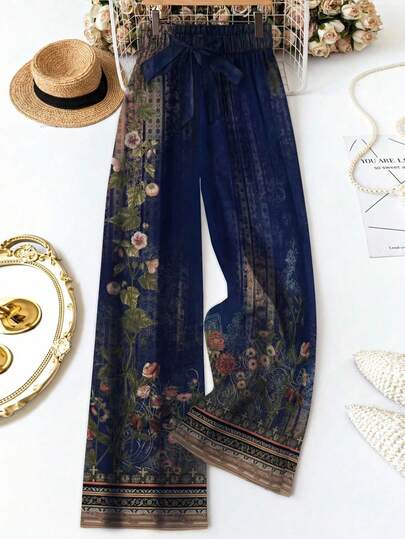 SHEIN LUNE Quần nữ kiểu retro thanh lịch, dáng rộng, cạp chun buộc dây, thích hợp cho mùa xuân và mùa hè.