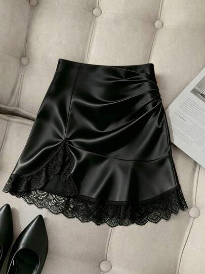 SHEIN Franclia Women's Summer Elegant Black Satin Midi Skirt,Winter Night Party Wear,Irregular Hem With Lace Trim & Slit,Casual Vacation Birthday Ruffle Bottoms