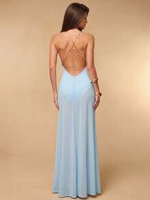 SHEIN BAE Đầm maxi nữ dáng suông cổ chữ V sâu, hở lưng, hơi xuyên thấu, thích hợp cho kỳ nghỉ biển, tiệc biển, tụ họp bạn bè, hẹn hò lãng mạn, đầm đi biển, đầm thanh lịch, đầm xanh gợi cảm, đầm dự tiệc trưa, tiệc cocktail, mùa cưới, tiệc biển, đầm maxi, đầm thanh lịch, đầm xanh thanh lịch - Màu xanh nhạt - Xem 4