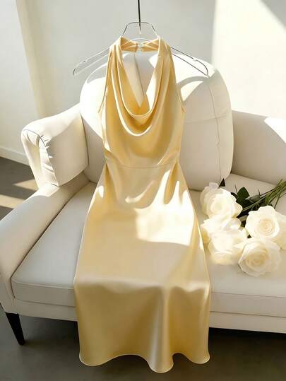 SHEIN Franclia Đầm dự tiệc thanh lịch, cổ xếp ly, lưng khoét, khóa kéo ẩn, đầm satin, đầm satin, đầm dạ hội nữ, đầm dự tiệc nữ, đầm lễ hội nữ, đầm màu vàng, đầm dạ hội cao cấp nữ, đầm dự tiệc nữ