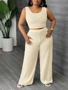 Slaydiva Plus Size Solid White Long Casual Vest And Wide Leg Pants 2 Pieces Set, Spring/Summer - Yellow - View 3