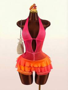 Amplova Women's Fashionable Sexy Ombre Ruffle Halter Jumpsuit For Summer - Orange - View 4
