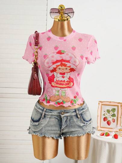 Strawberry Shortcake X SHEIN Áo thun nữ in hình hoạt hình, kiểu dáng thường ngày, đa năng.