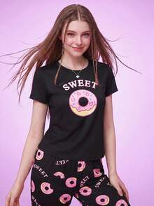 Notgurli Cartoon Doughnut Printed Short Sleeve And Long Pants Pajama Set For Spring/Summer - Black - View 5