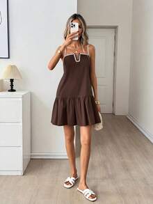 Easowa Gaun A-Line Berpotongan A dengan Blok Warna dan Hem Bergelombang, Gaun Mini Gaya Vintage Kasual Longgar Elegan untuk Wanita, Gaun Liburan Musim Semi/Panas Bergaris Cokelat - Coklat - View 5