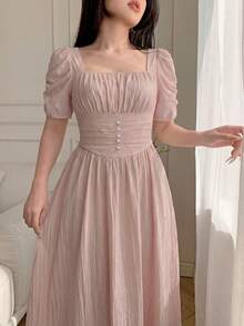 Celisse Women's Elegant Ruched Petal Sleeve Square Neck Solid Color Waist Cinched Dress, Summer Party Dusty Pink - Pink - View 6