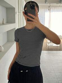 DAZY Women Striped Crew Neck Fitted Undershirt - Black and White - View 4