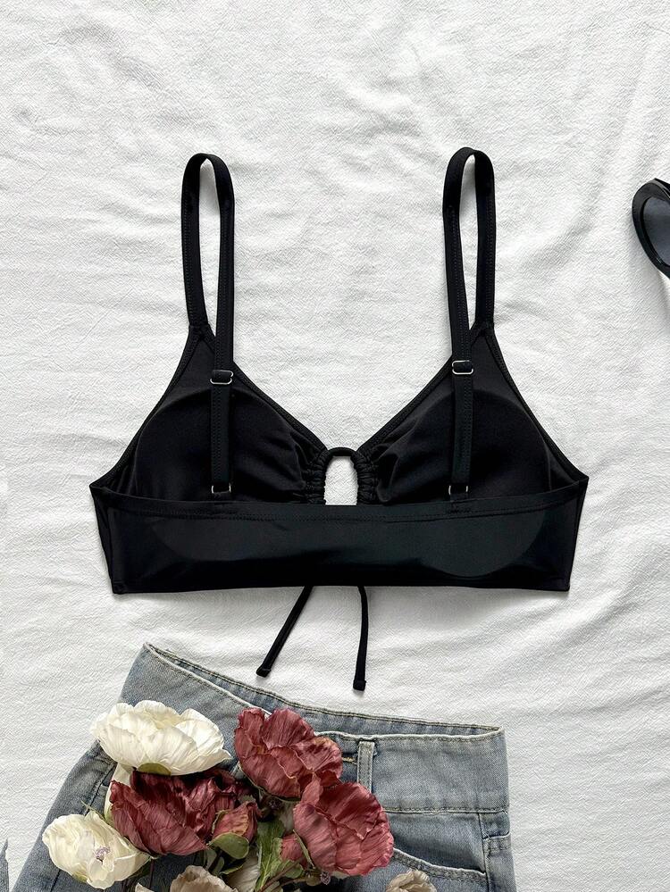 SHEIN Swim Curve Áo bikini hai mảnh màu trơn dành cho nữ cỡ lớn, dây mảnh, buộc phía trước, thích hợp cho kỳ nghỉ đi biển. - màu đen - Xem 2