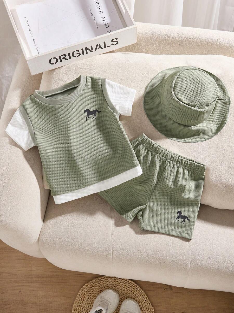 SHEIN Playful Pals Bộ 3 món cho bé trai mùa hè, vải waffle màu xanh xám, cổ tròn, áo 2 trong 1 kèm quần short và mũ, phong cách casual đi biển, phù hợp đi học, nghỉ lễ, thể thao & tụ tập - Nhiều màu - Xem 1