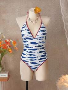 Swim Vcay 鱼纹露背系带连体泳衣，适合海滩和度假 - 彩色 - 查看 2