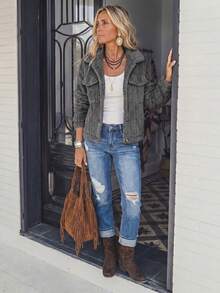 LanaWest Solid Color Front Button Winter Long Sleeve Jacket Fall Cloth For Women - Dark Grey - View 2