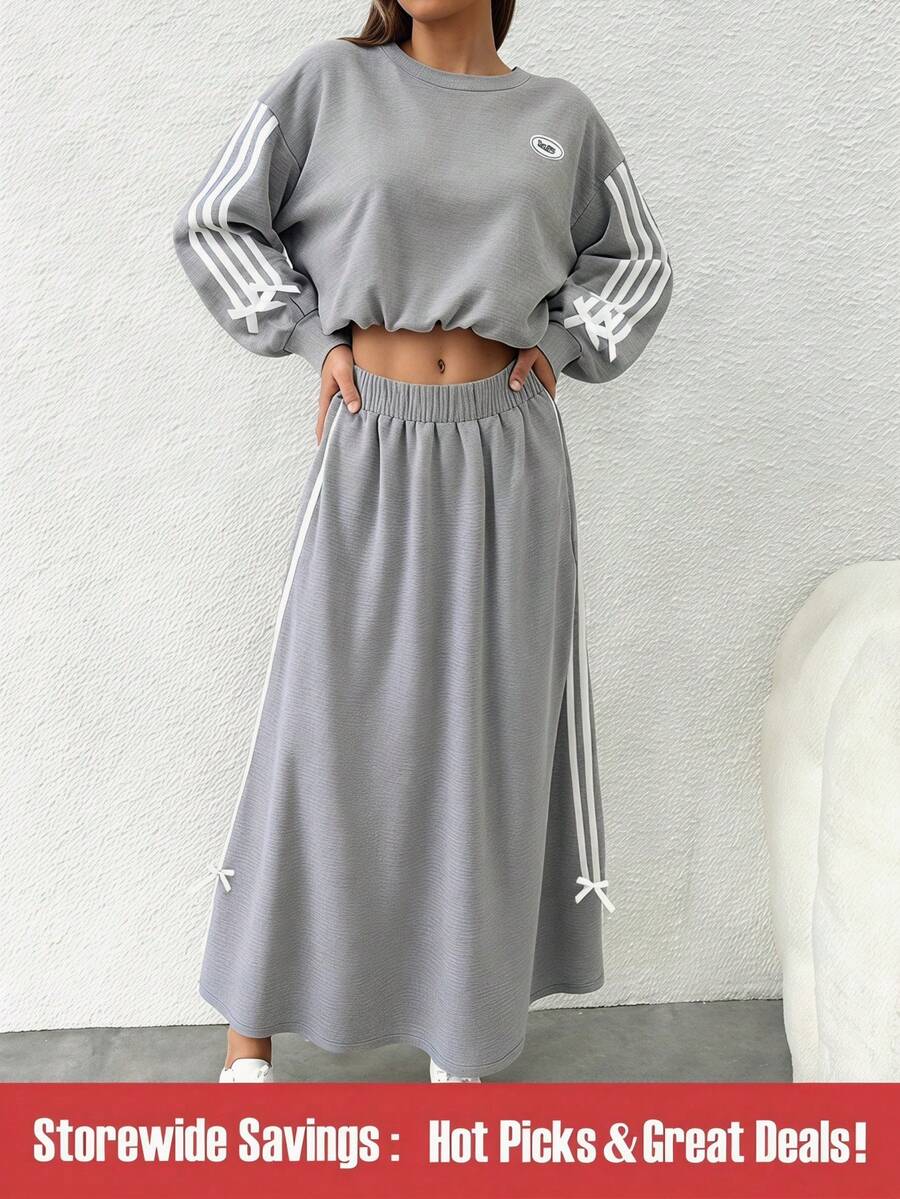 SHEIN Women's Casual Round Neck Sweatshirt With Striped & Bow Patchwork, Versatile Pullover Top And Mid-Length Skirt Set, Autumn/Winter - Grey - View 1