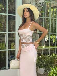 Ronhire Women's Lace Patchwork Sheer Camisole And Skirt Set, Fashionable For Vacation And Party Summer - Baby Pink - View 4