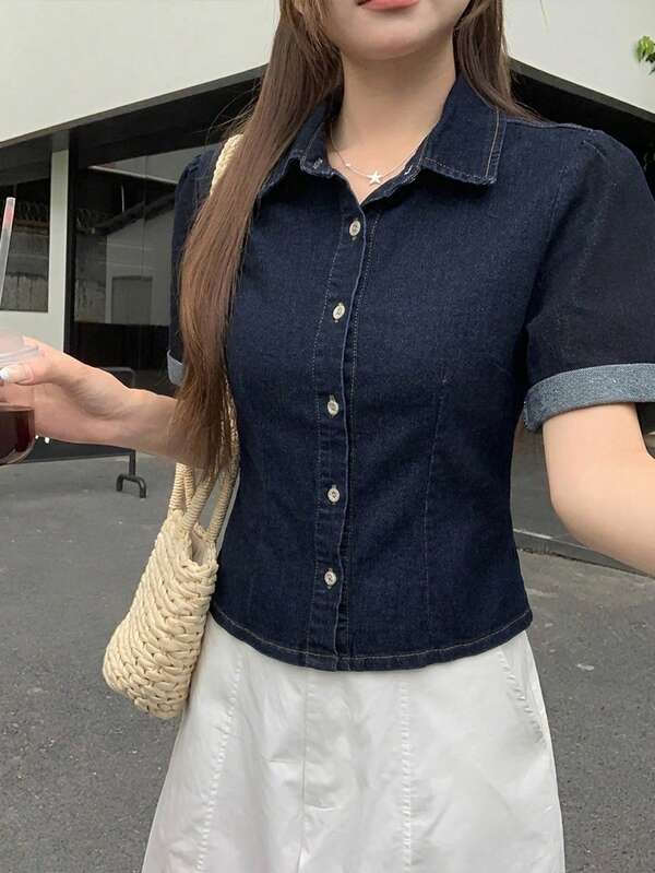 DAZY Áo kiểu denim ôm dáng phong cách Hàn Quốc nữ, mặc thường ngày, mùa hè