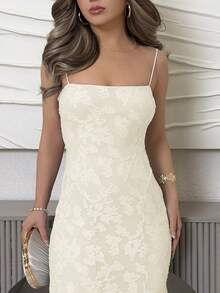 Jemour Women's Solid White Backless Tie Strap Cutout Fishtail Dress, Suitable For Spring/Summer, Vacation, Wedding Season Party Elegant - Beige - View 3