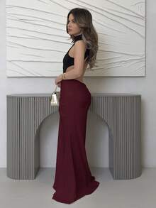 Jemour High-End Black & White Contrast Color Elegant Sexy Backless Maxi Dress, Fashion Metal Buckle Decor, Ruched Bodycon Design, Suitable For Romantic Date, Wedding, Bridesmaid, Formal Party, Work Commute, Resort Evening, Beach Vacation,Summer Dresses For Women - Red and Black - View 4