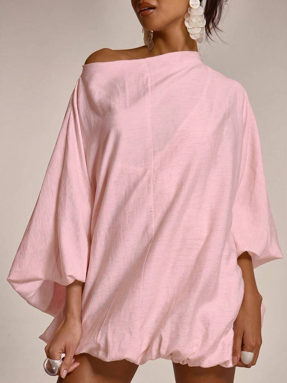Slash Neck Oversized Flowy Balloon Style Cinched Mini Dress Cute Summer Spring Sexy Going Out Beach Holiday Vacation Honey Tides