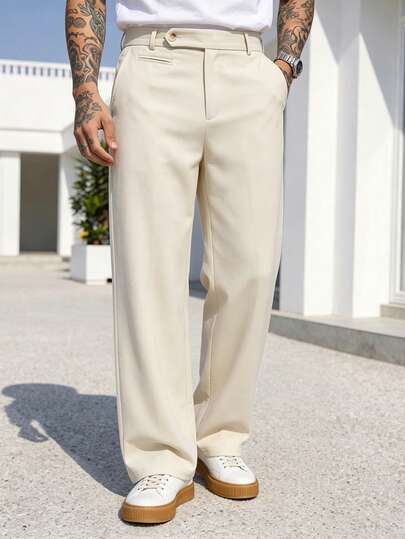 Manfinity CasualCool Pantalones rectos de unicolor versátiles y casuales para hombres, para dinero viejo, ocio diario, viajes de fin de semana, actividades al aire libre, expediciones de viaje, entornos de trabajo relajados o ocasiones semi-formales, regalo para novio/esposo, regalo de aniversario/cumpleaños, fiesta, vacaciones de verano, boda, de primavera a verano, Pascua. Pantalones de traje de pierna ancha plisados casuales para hombres en caqui sólido, pantalones beige, pantalones blancos transpirables para hombres, pantalones blancos de vestir para hombres