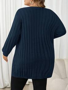 SHEIN CURVE+ 大尺碼女款寬鬆開襟針織衫，商務休閒款柔軟修身上衣，鄉村風，適合秋季約會與辦公室，海軍藍 - 藏蓝色 - 查看 2