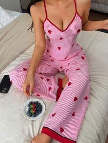 Napfluff V-Neck Striped Heart Print Camisole & Pants Pajama Set - Multicolor - View 3