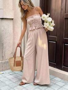 SHEIN Bộ đồ đôi nữ tuổi teen phong cách thường ngày, chất liệu vải dệt họa tiết kaki, kiểu áo quây buộc dây phía trước kẻ sọc nhún bèo và quần ống rộng cạp thấp có dây rút, thích hợp cho mùa hè, chụp ảnh đường phố, ăn trưa. - Màu Khaki - Xem 1