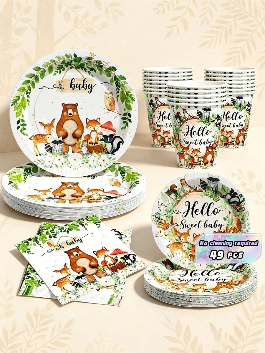 Bộ đồ dùng dùng một lần hình thú cưng dễ thương trong rừng "Hello Sweet Baby", gồm đĩa, khăn ăn và cốc, phục vụ 8 người. Bộ đồ dùng tiệc dùng một lần này (bao gồm đĩa, khăn ăn và cốc) rất phù hợp cho các bữa tiệc sinh nhật, đám cưới và dã ngoại gia đình. - Xem 1
