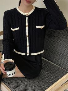 DAZY 女款優雅對比飾邊鈕扣針織毛衣，秋季日常黑白商務休閒女裝 - 黑色 - 查看 5
