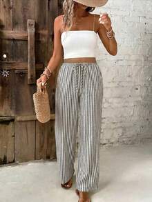 SHEIN Frenchy Quần nữ kẻ sọc cạp chun kiểu dáng thường ngày, thích hợp cho kỳ nghỉ. - Xám - Xem 1