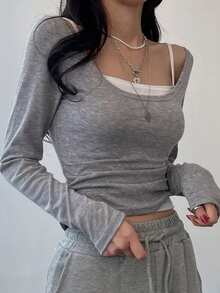 DAZY 2pcs Women's Color Block Casual T-Shirt Set,Fall Clothes Long Sleeve Women Tops - Light Grey - View 3