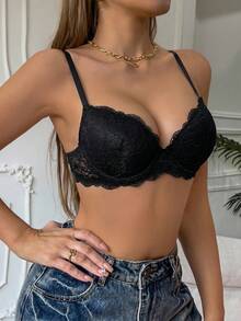 DesireSculpt 1pc Thick Cup Comfortable Lace Underwire Bra, Elegant Lift & Support For Small Bust Women - Black - View 4