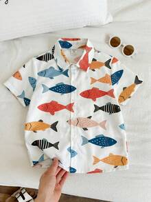 Young Boy Casual Minimalist Cartoon Pattern Collared Cardigan Shirt, Suitable For Summer - Multicolor - View 8