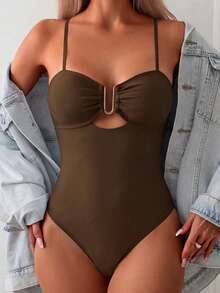 SHEIN Swim 1 件纯色镂空金属装饰连体泳衣，适合夏季海滩度假 - 棕色 - 查看 4