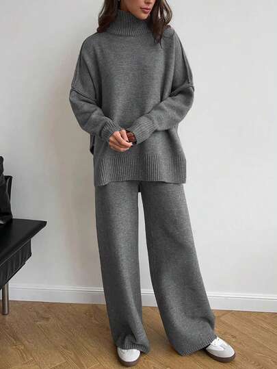 EMERY ROSE 2pcs Women Solid Color Stand Collar Long Sleeve Minimal Top And Pants Set