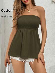 SHEIN Essnce Women's Solid Color Pleated Casual Versatile Daily Wear Tube Top - Army Green - View 3