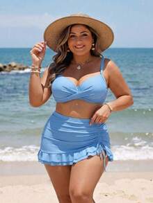 Swim Lushoire Plus Size Women 3 PiecesSwimsuit Set - Blue - View 3