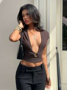 Aloruh Women's Sexy Deep V-Neck Short Sleeve Casual Pullover Dark Brown Textured Jacquard Metallic Decor Top Club Summer - Coffee Brown - View 5