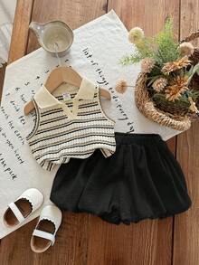 SHEIN LMoss Kids Babygirl Cute Summer Striped Polo Collar Tank Top And Elastic Waist Ruffle Shorts Set - Black - View 1