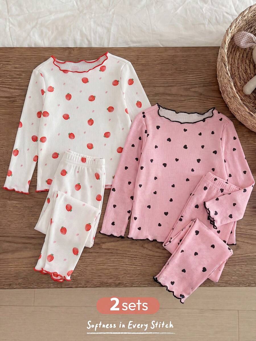 Cozy Pixies 2set Baby Girl Cute Strawberry Pattern Ruffle Round Neck Long Sleeve Long Pants Soft Comfortable Skin-Friendly Home Pajama Set - Baby Pink - View 1
