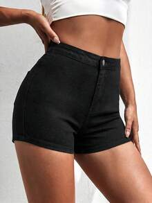 SHEIN ICON Plus Size Women Solid Color High Waist Casual Minimalist Design Daily Versatile Denim Shorts - Black - View 3