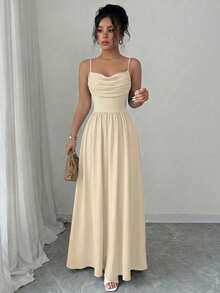 Elenzga Women's Elegant Romantic Chiffon Spaghetti Strap Waist Cinched Flowing Dress, Suitable For Wedding Guests, Sisters Gathering - Apricot - View 3