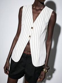 Lumivelle Áo khoác blazer kẻ sọc mùa hè dành cho nữ, áo khoác thời trang công sở. - Màu be - Xem 1