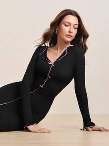 Hourtrue Women's Spring/Autumn Long Sleeve Dress, Sweet Bow Decor, Solid Color, Ribbed, Sexy Fitted V-Neck Flare Sleeve Maxi Dress, Comfortable For Indoor & Outdoor Wear - Black - View 7