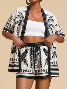 Travachic Conjunto casual de 2 piezas para mujer con camisa de manga corta con botones y estampado de hojas y pájaros, y shorts con cordón en la cintura - Beis - Ver 6