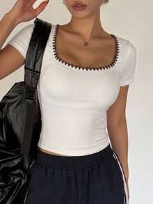 Camiseta ajustada de manga corta y cuello cuadrado de unicolor para mujer, uso casual diario, tops cortos para mujer, tops lindos - Blanco 8 - Ver 3
